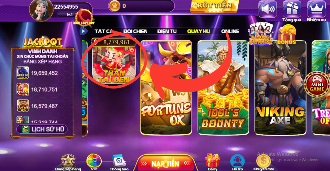 Chọn Thần Tài Đến trong mục Quay Hũ của 68 Game Bài.